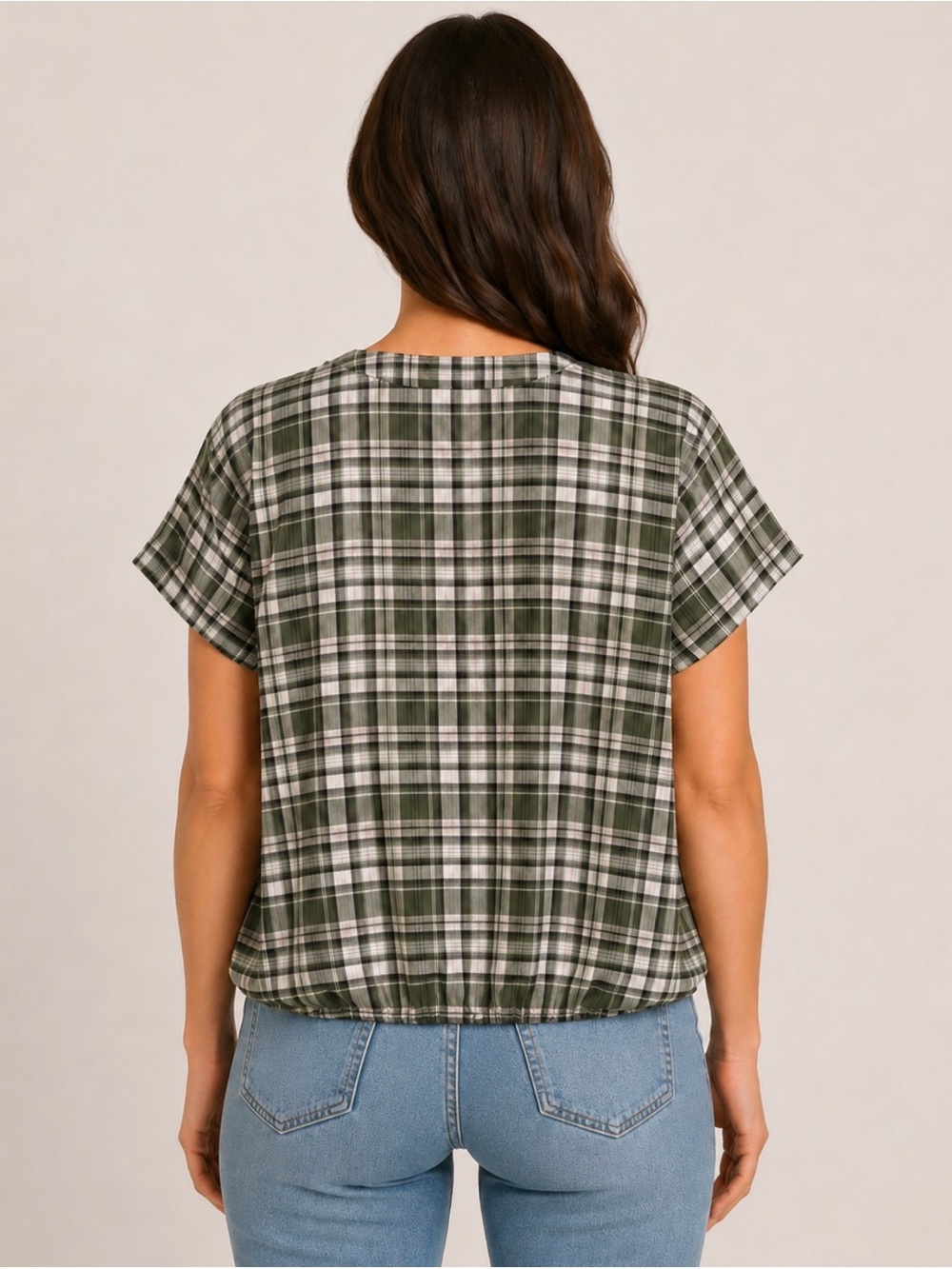 Christopher & Banks Large Green Plaid Short Sleeve Button Front Tie Hem Top - Picture 2 of 10